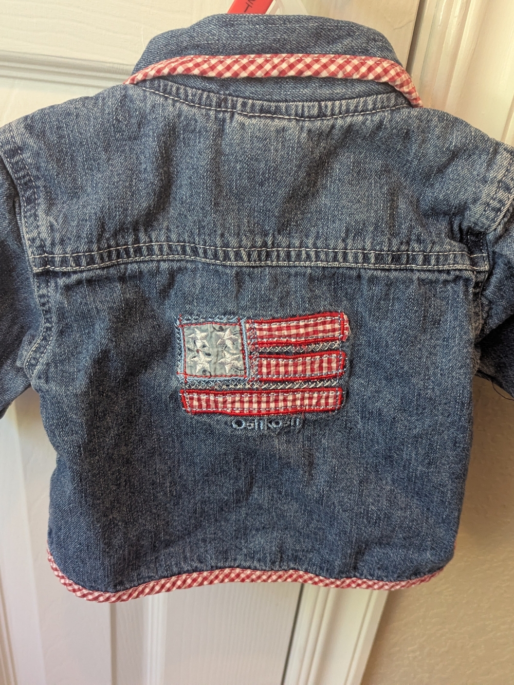 OshKosh B'gosh Kids Denim Jacket with Flag Patch and Gingham Trim - Blue & Red